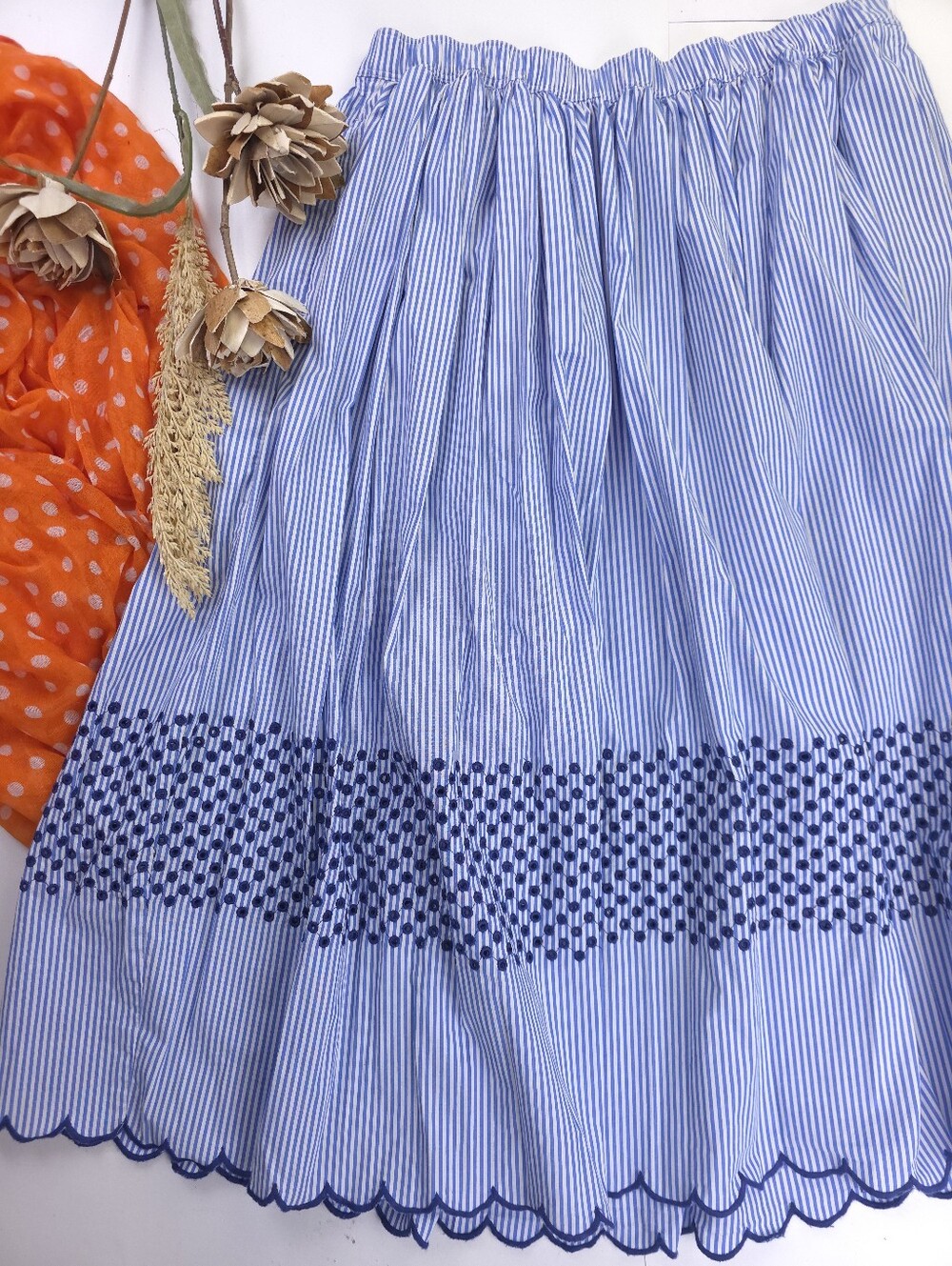 J. Crew Blue Striped Cotton Midi Skirt with Embroidered Hem sz  M
